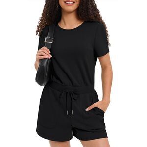 NEW Black Romper Loose Crewneck Short Pockets S